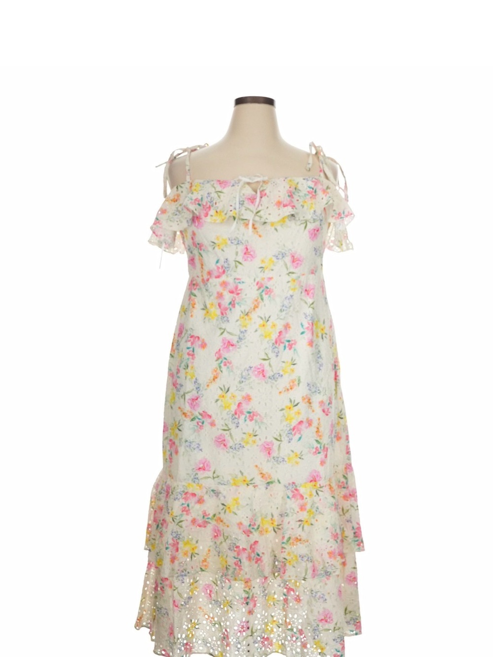Yumi Kim White Floral Off-Shoulder Midi Dress with Pink & Yellow Flowers